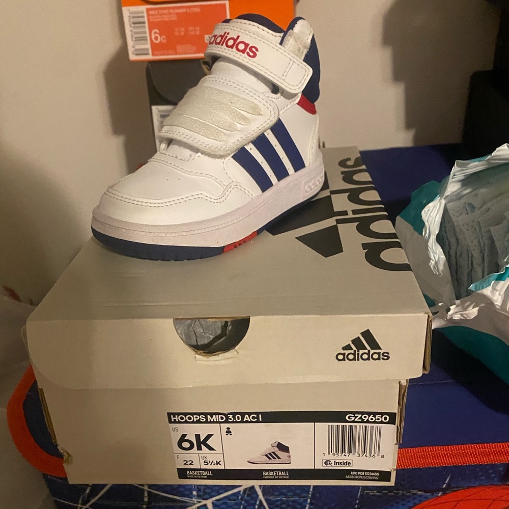 Adidas Kids Hoops Mid 3.0 White and Blue Sneakers